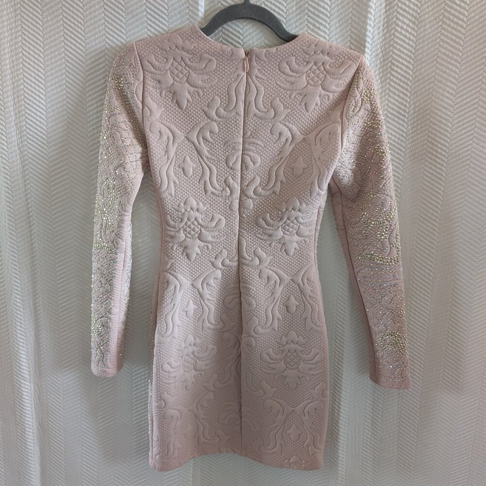 Bebe Addiction Bejeweled Bodycon Mini Dress Dusty Rose Soft Pink Long Sleeve XXS - Picture 3 of 12